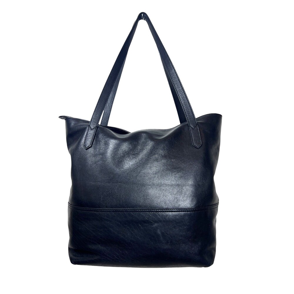 Velez Black Leather Tote Large Minimalist Shoulder Bag Zipper Top - Picture 8 of 12